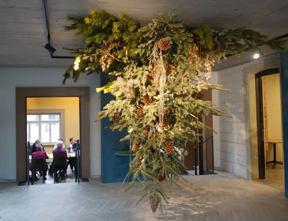 A decorated evergreen tree hanging upside down from the ceiling of a restaurant entrance hall at Christmas